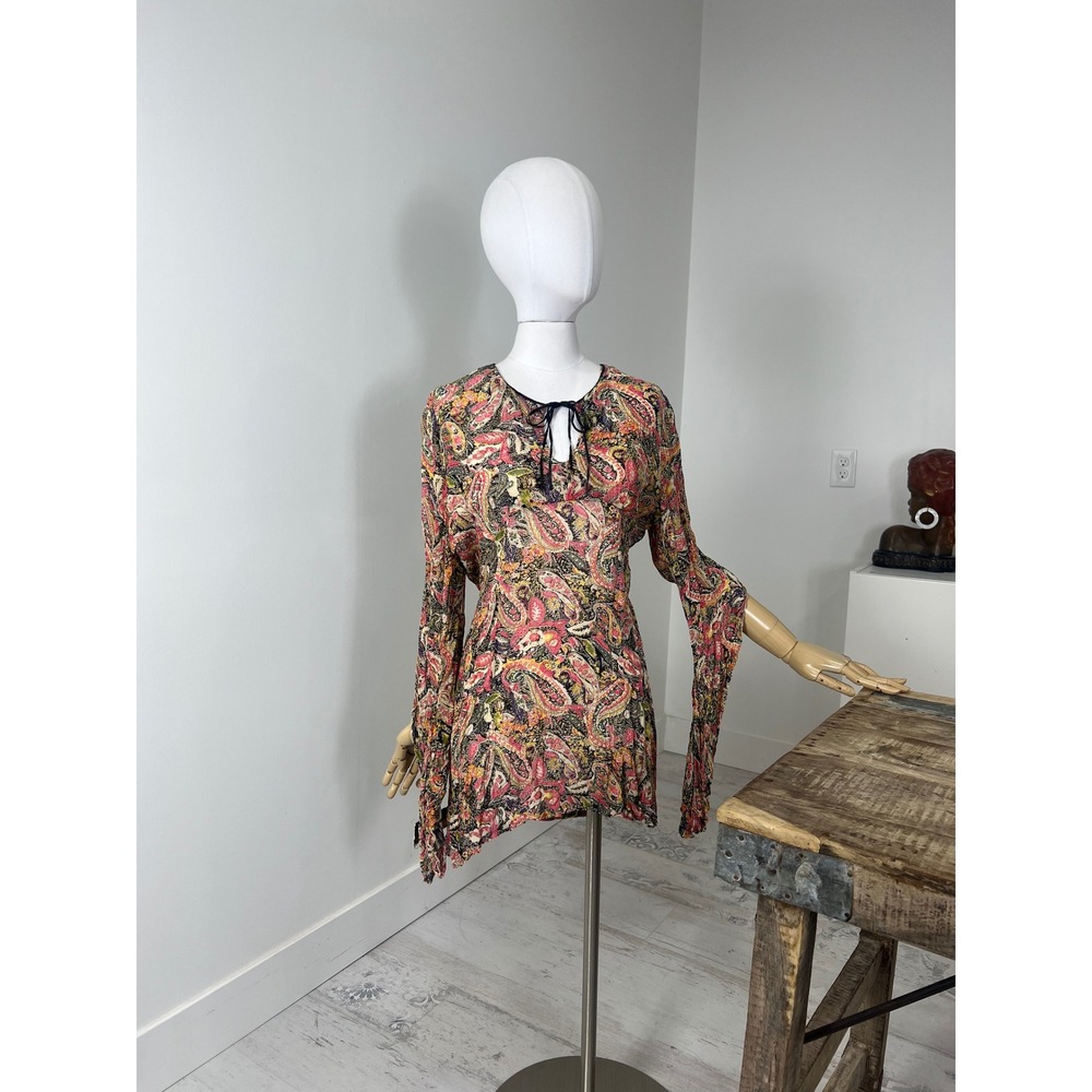 Revue Womens Large Paisley Print Rayon Tunic Top Pink Yellow Split Neck Tie Boho